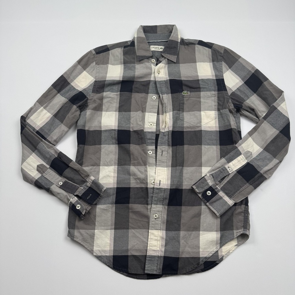 Lacoste Shirt Mens Small Gray Black White Plaid Long Sleeve Regular Fit Cotton
